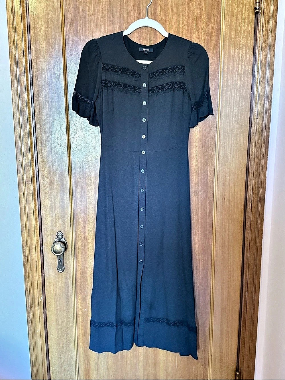 Quince Lightweight Crepe Lace Insert Midi Dress Black XS Like New